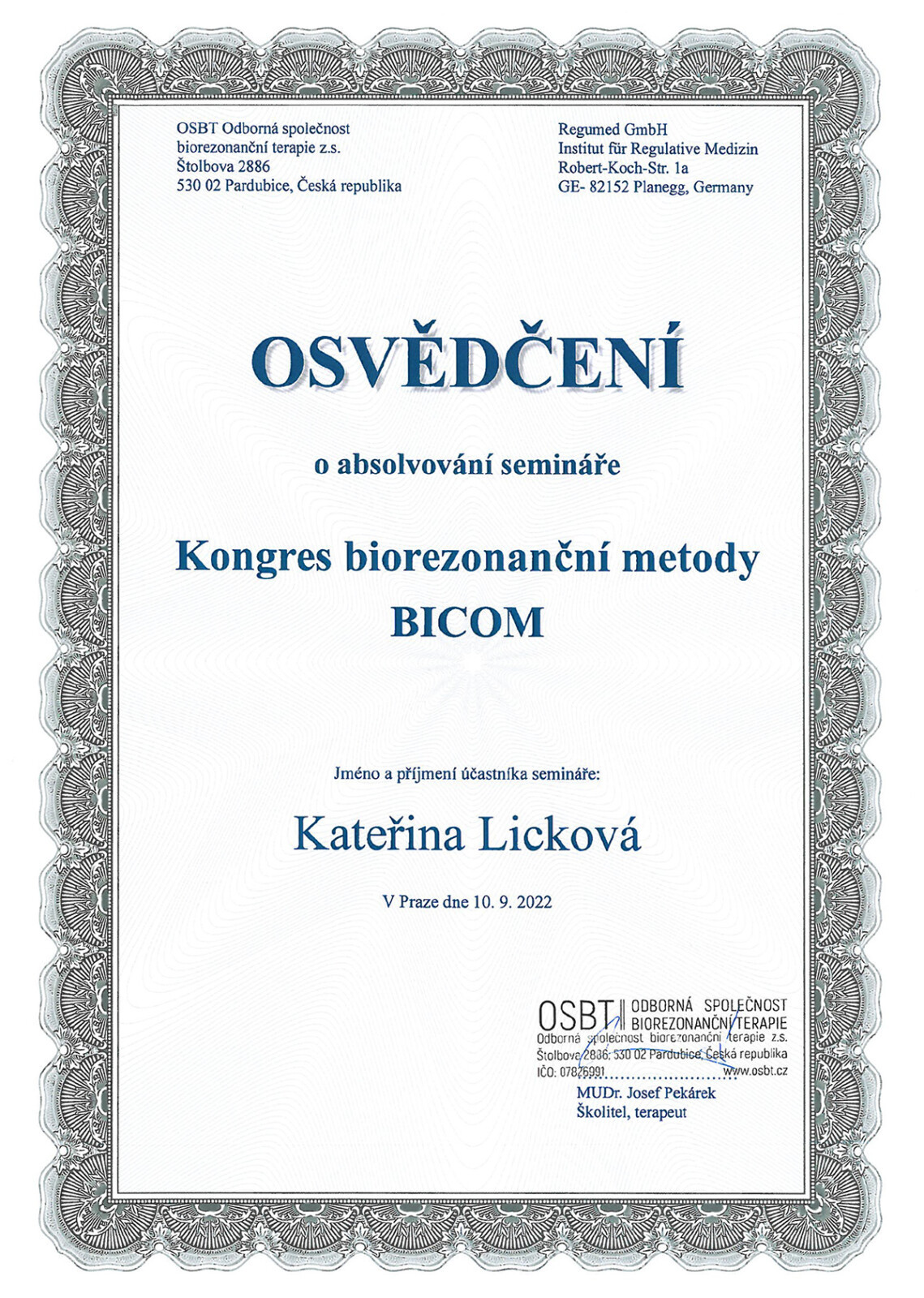 Osvědčení BICOM