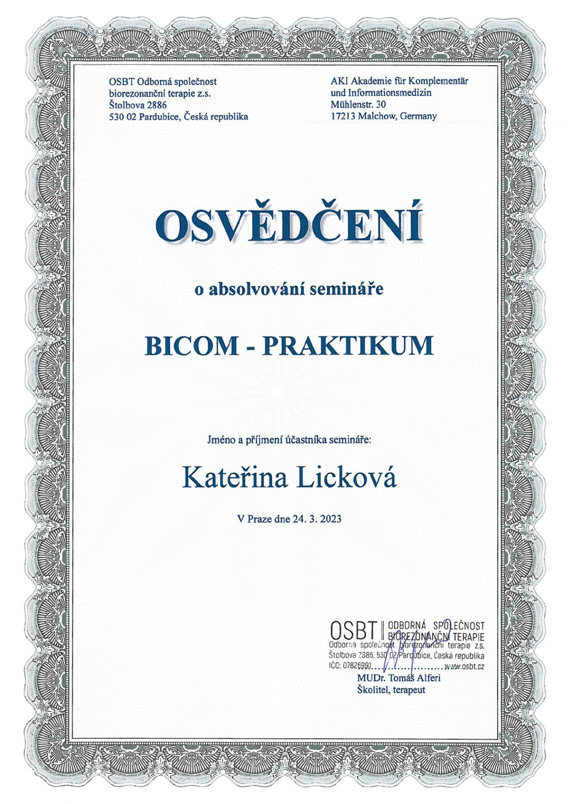 Osvědčení BICOM