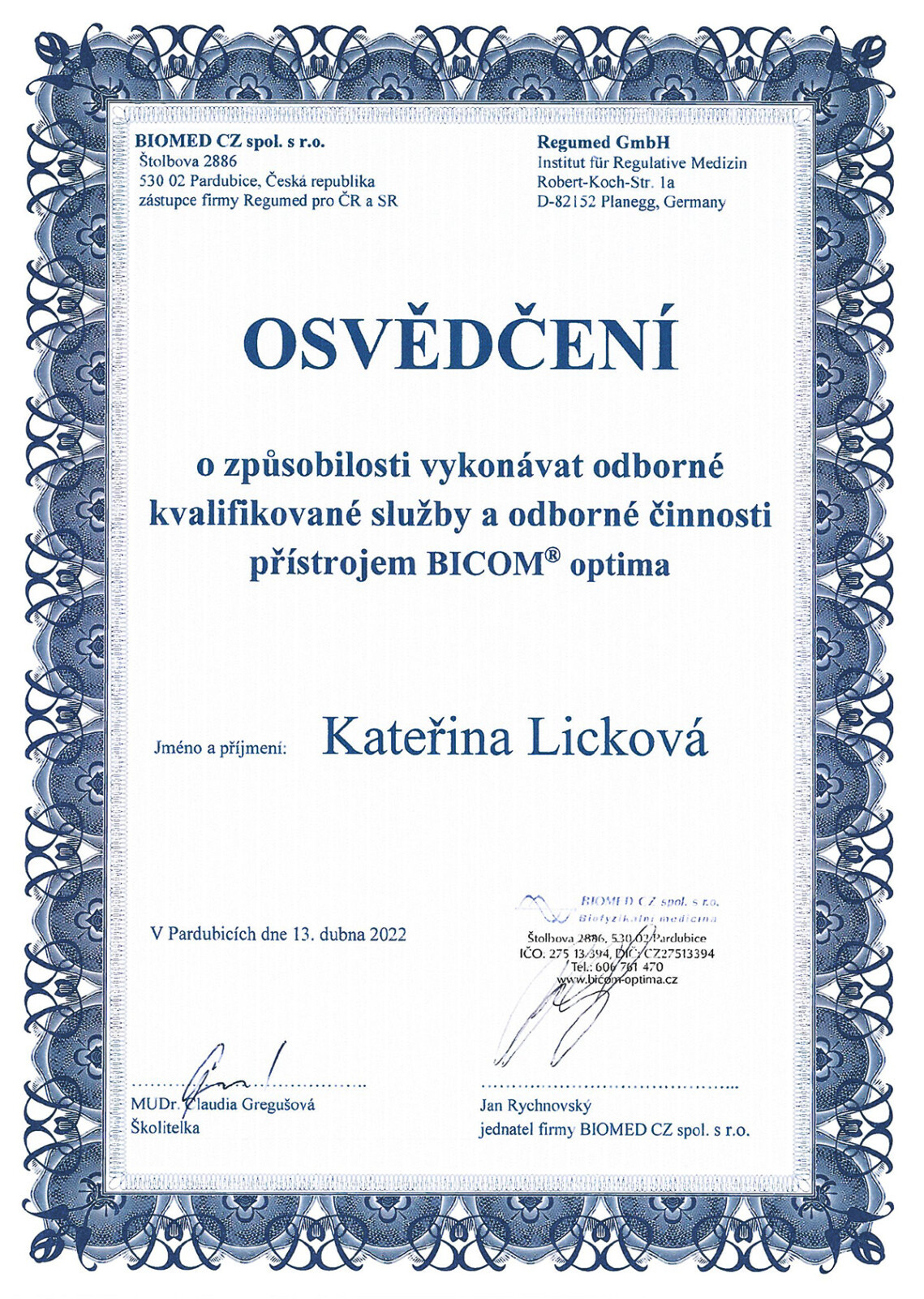 Osvědčení BICOM