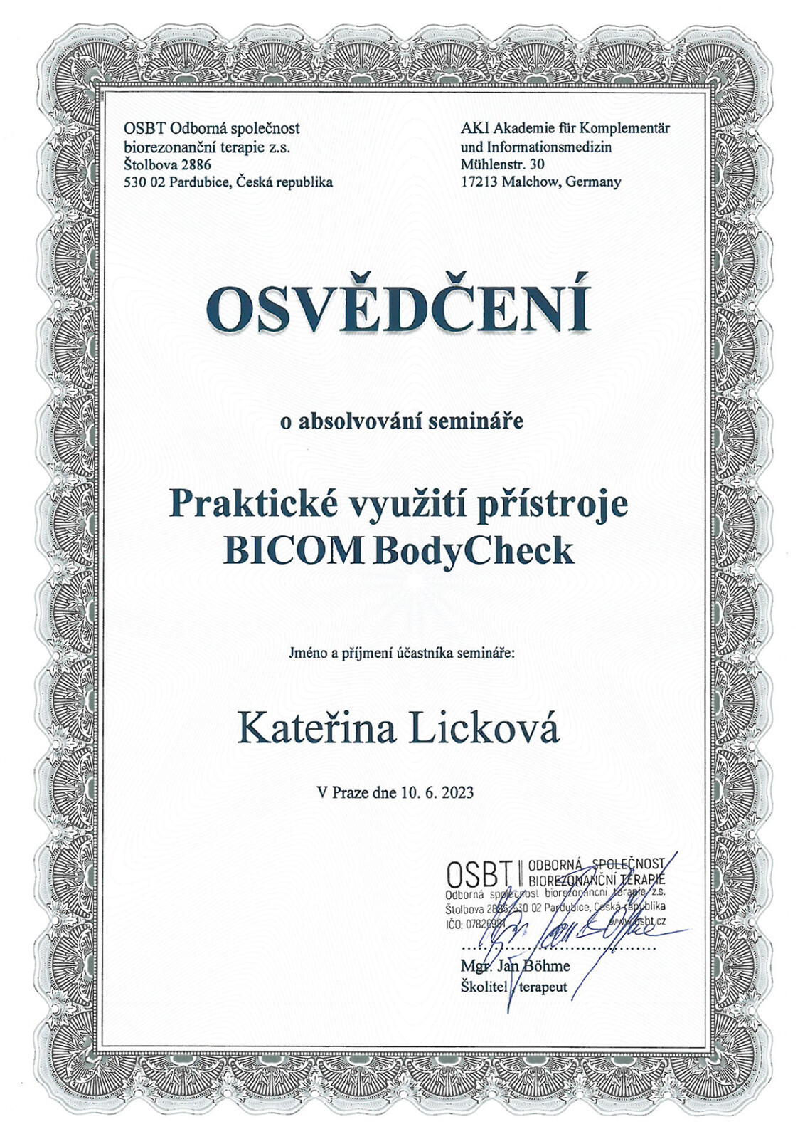Osvědčení BICOM